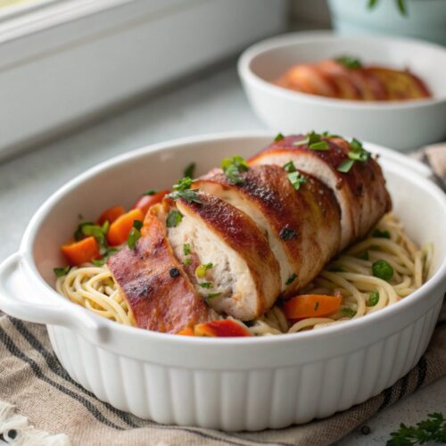 Delicious Keto Bacon Wrapped Stuffed Chicken served on a plate