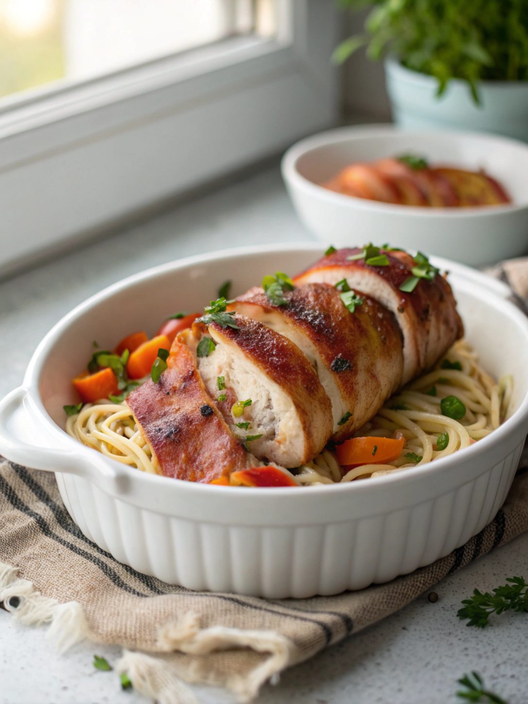 Delicious Keto Bacon Wrapped Stuffed Chicken served on a plate