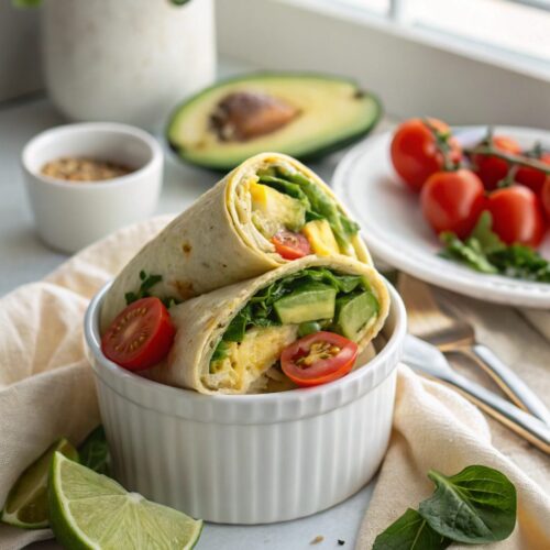 Featured image of the keto breakfast burrito egg wrap ready to serve.