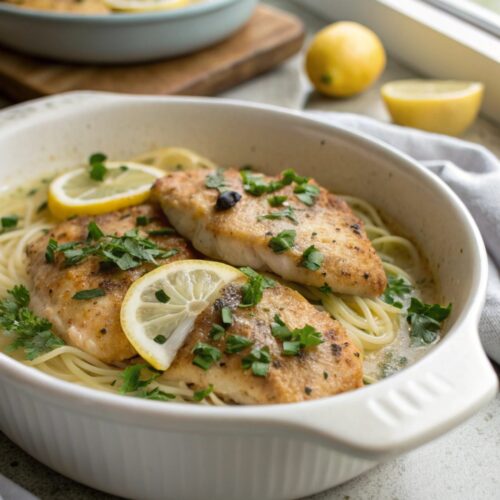 Close-up of Keto Chicken Piccata served in a white dish.