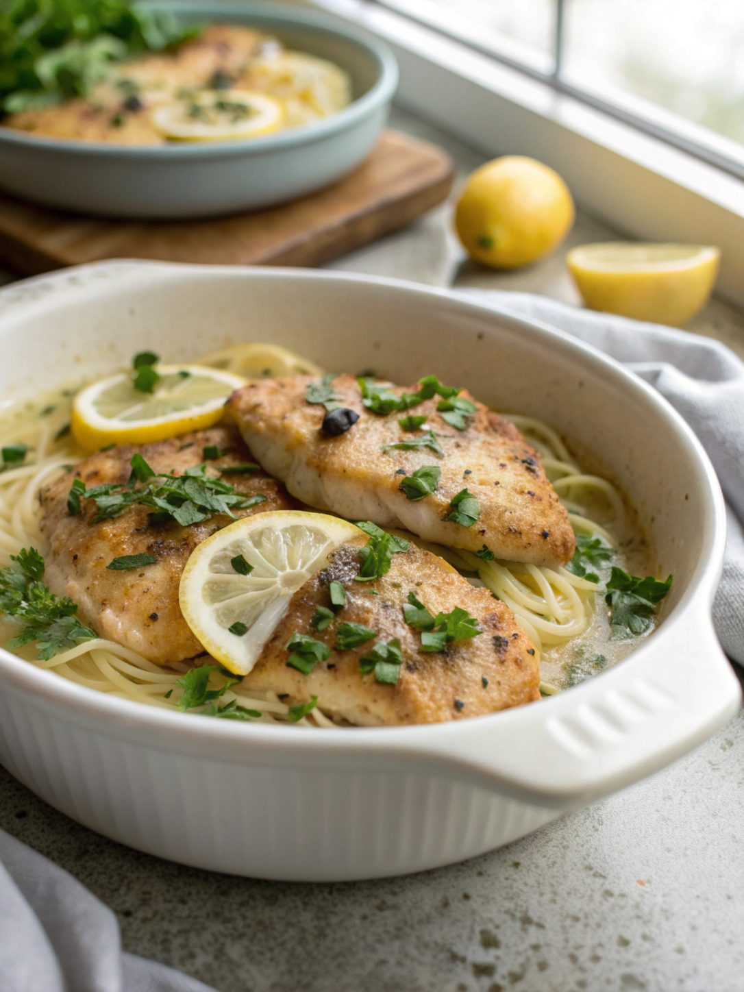 Close-up of Keto Chicken Piccata served in a white dish.