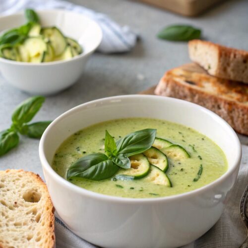 Close-up of a bowl filled with keto creamy zucchini basil soup served on a table.