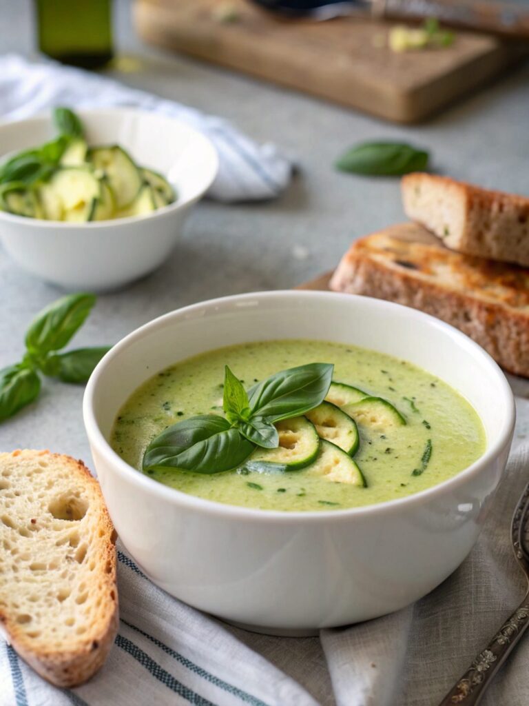 Close-up of a bowl filled with keto creamy zucchini basil soup served on a table.
