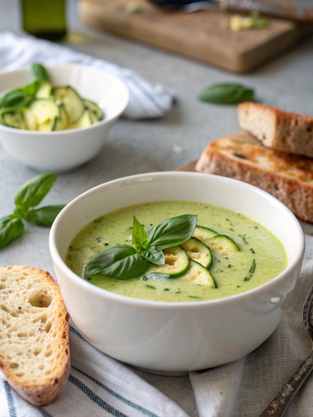 Close-up of a bowl filled with keto creamy zucchini basil soup served on a table.