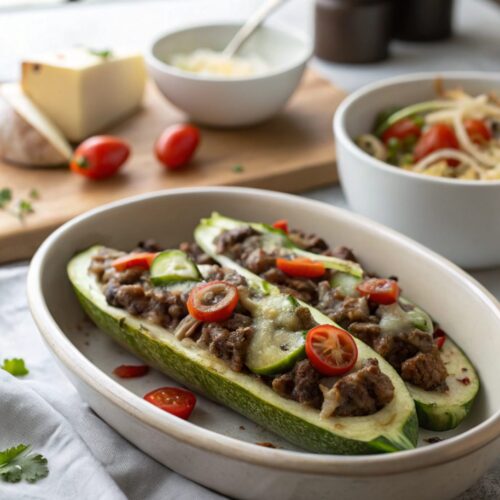 A delicious serving of Keto Philly Cheesesteak Zucchini Boats topped with melted cheese