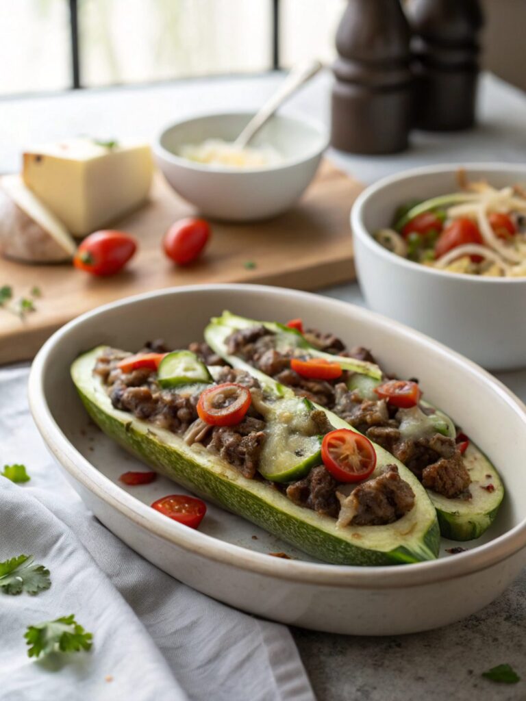 A delicious serving of Keto Philly Cheesesteak Zucchini Boats topped with melted cheese