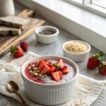A beautifully presented bowl of Keto Strawberry Cheesecake Chia Pudding, garnished with fresh strawberries.