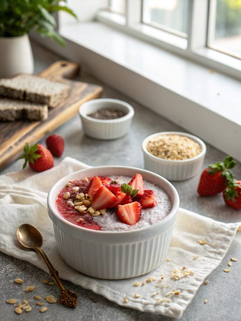 A beautifully presented bowl of Keto Strawberry Cheesecake Chia Pudding, garnished with fresh strawberries.