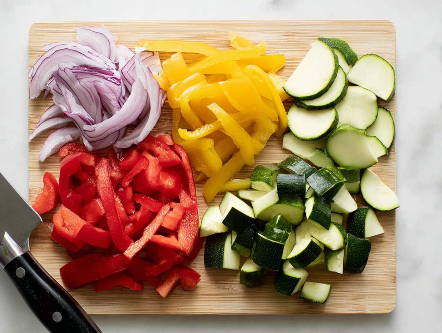 Variety of chopped vegetables on wooden board