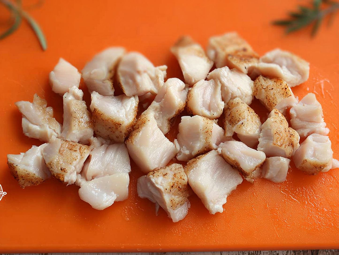 Cubed chicken breast on a board, ready to cook