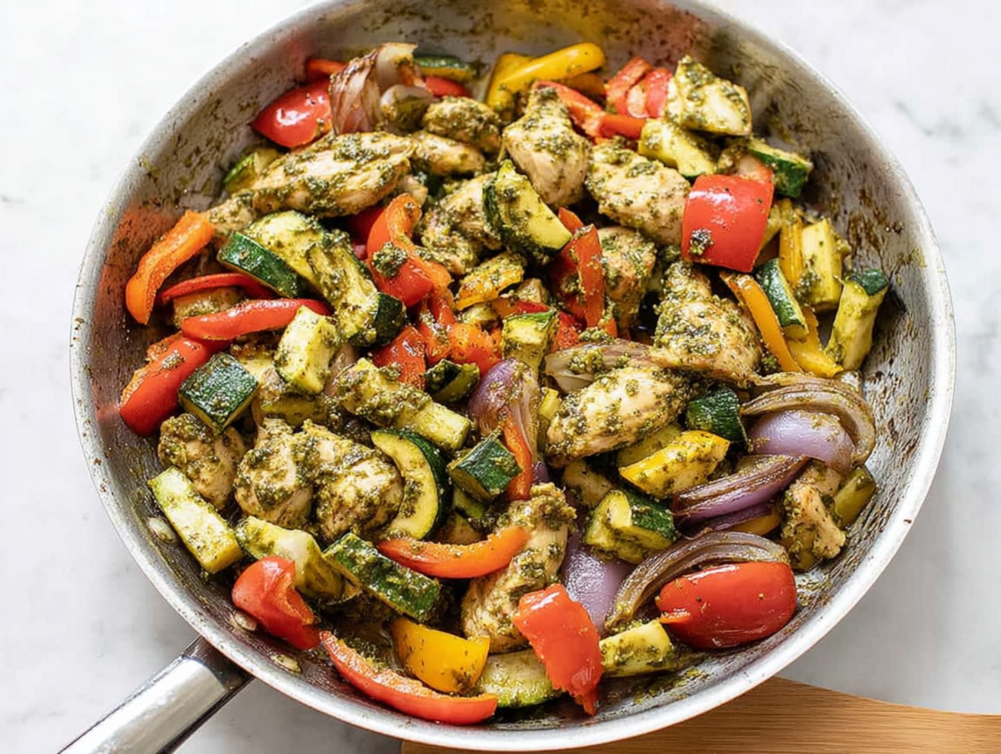 Skillet with finished pesto chicken and mixed vegetables