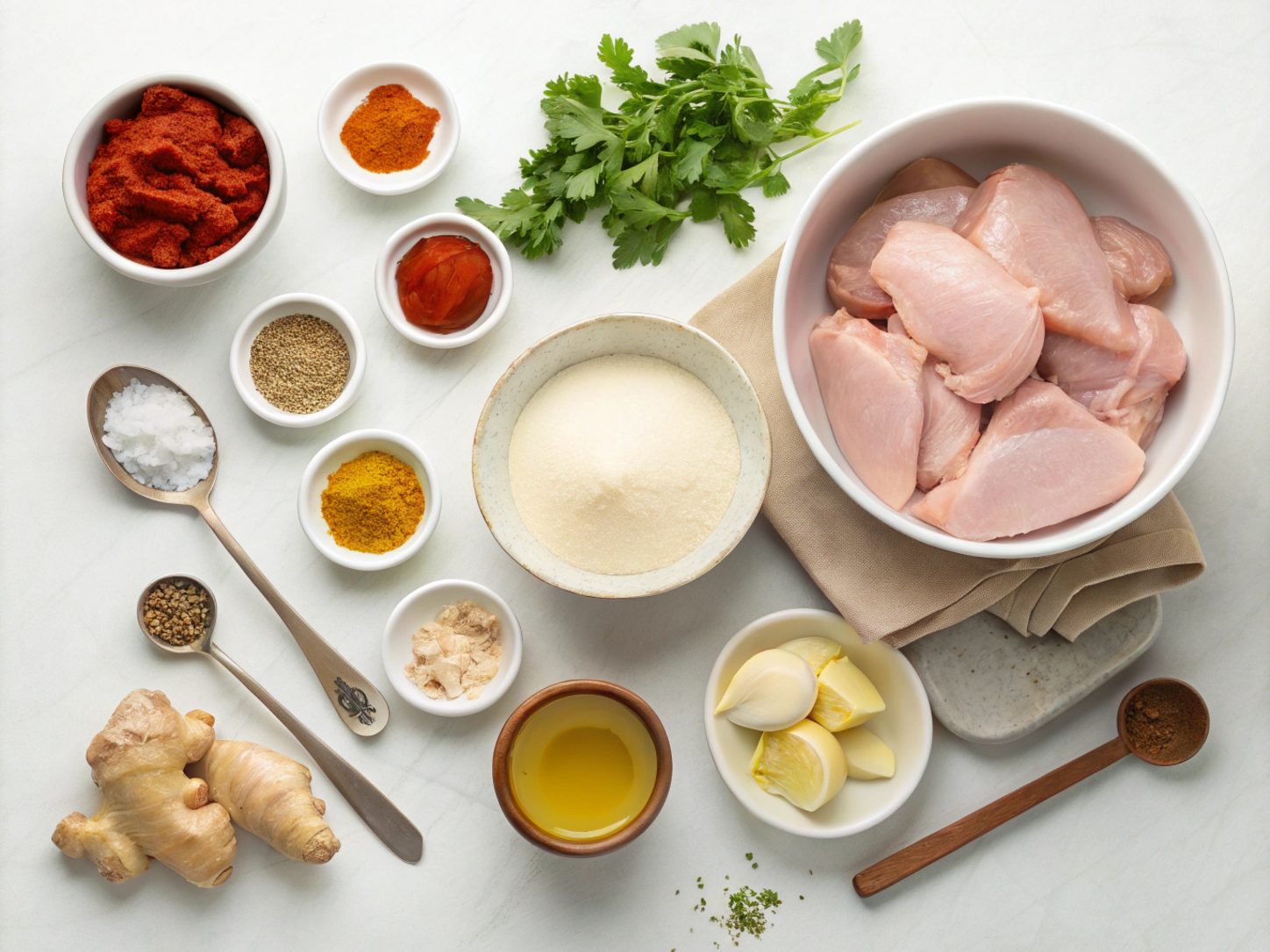 Flat lay photo of the ingredients for Keto Instant Pot Butter Chicken
