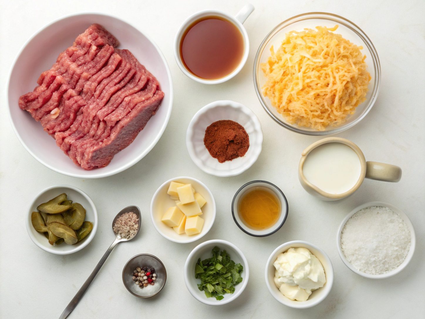 Flat lay of ingredients for Keto Bacon Cheeseburger Soup
