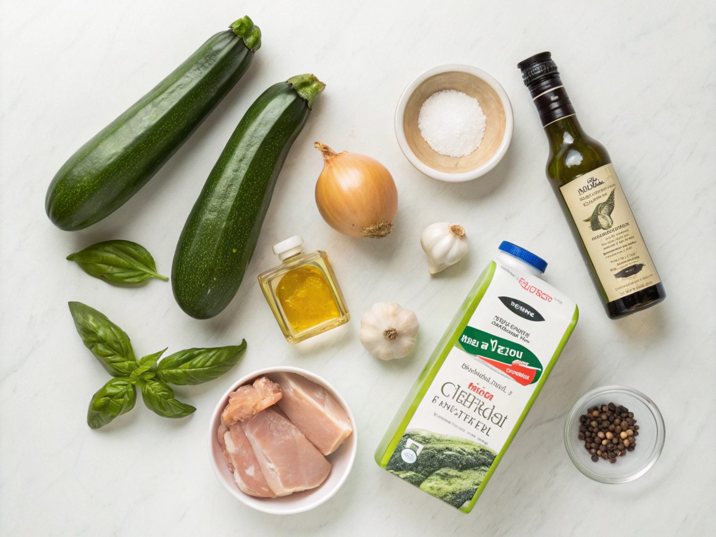 A flat lay of ingredients for the keto creamy zucchini basil soup recipe.