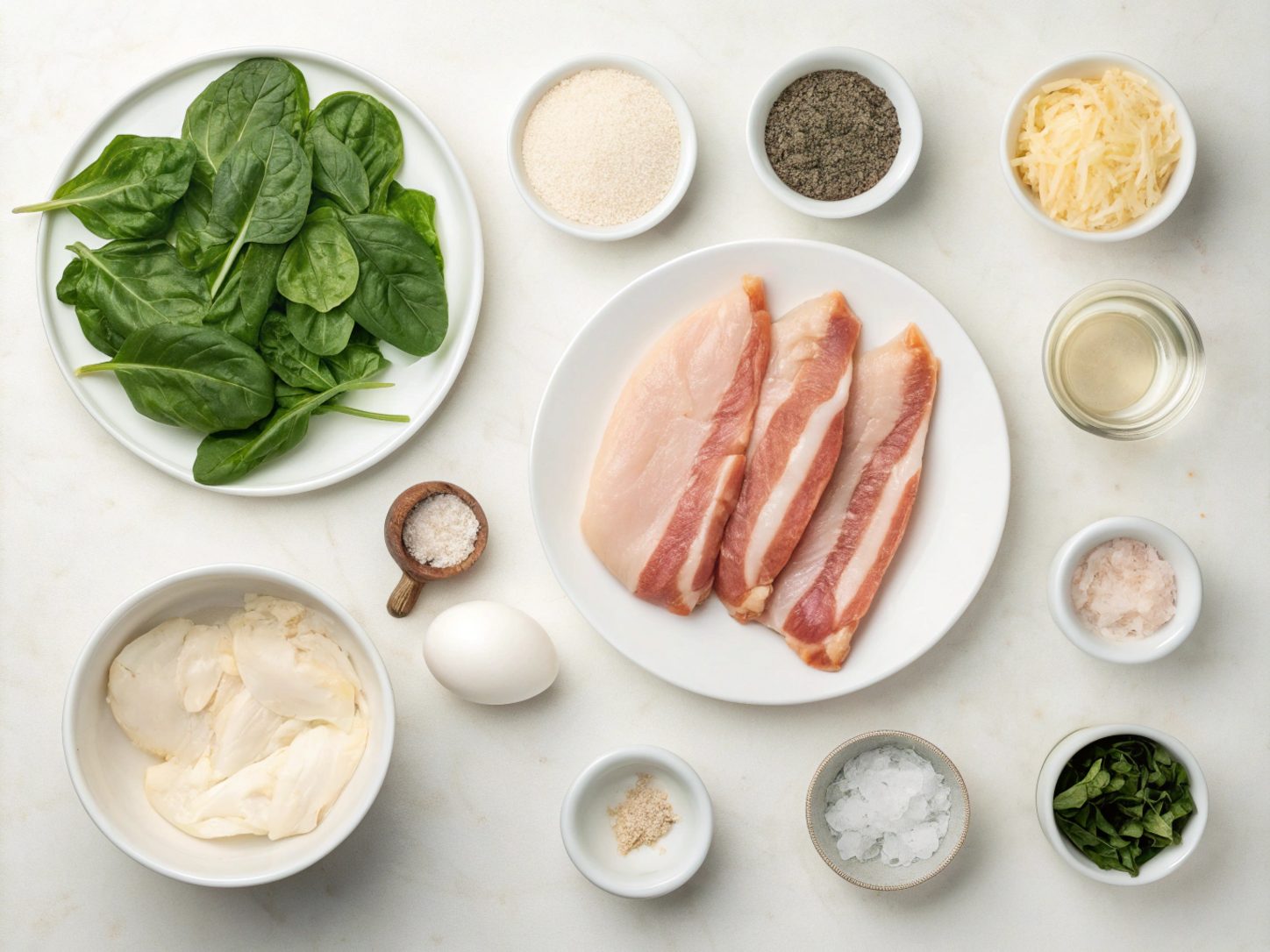 Ingredients for Keto Bacon Wrapped Stuffed Chicken showing chicken breasts, bacon, cheese, and spinach