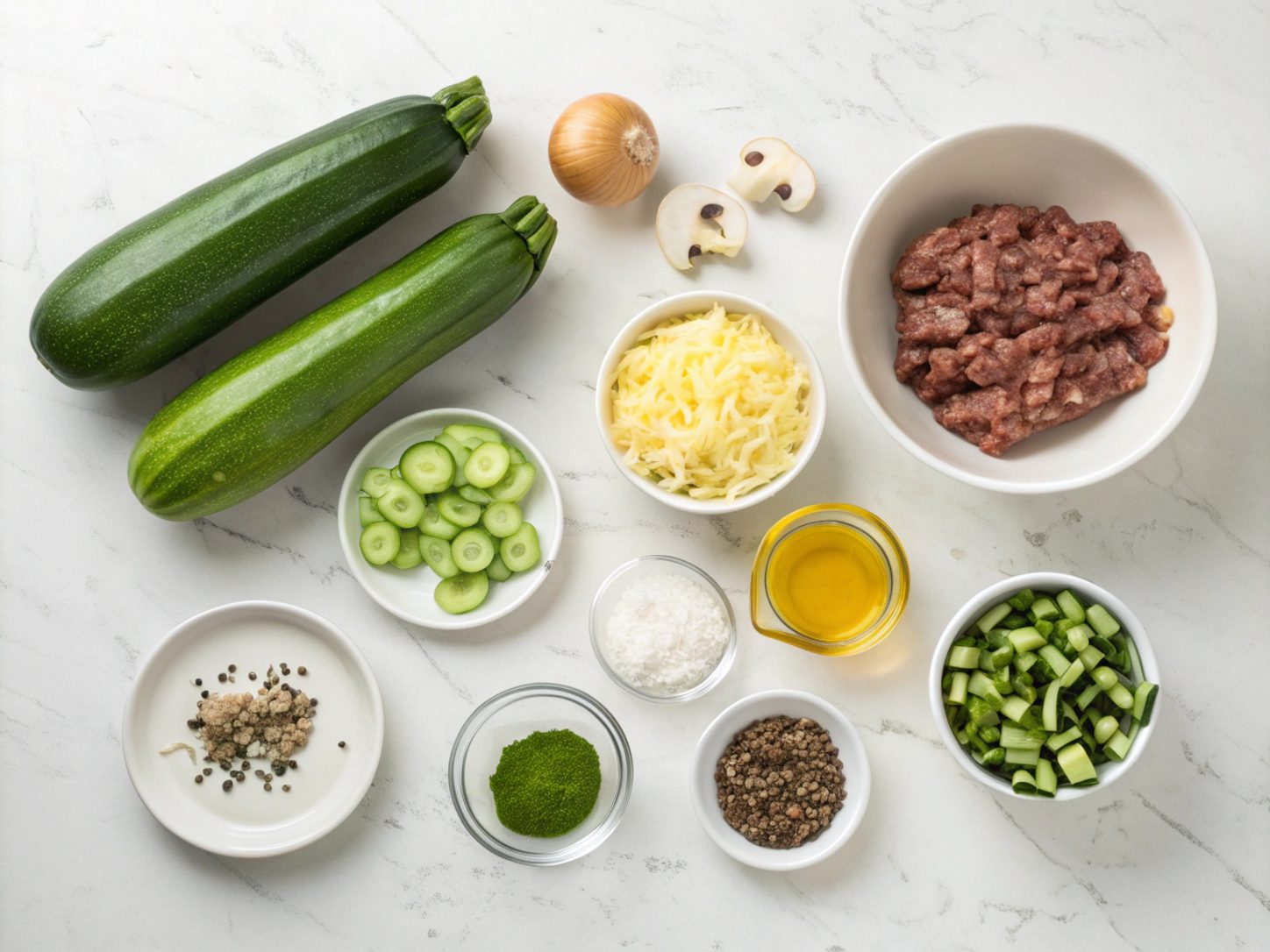 Ingredients for making Keto Philly Cheesesteak Zucchini Boats neatly arranged.