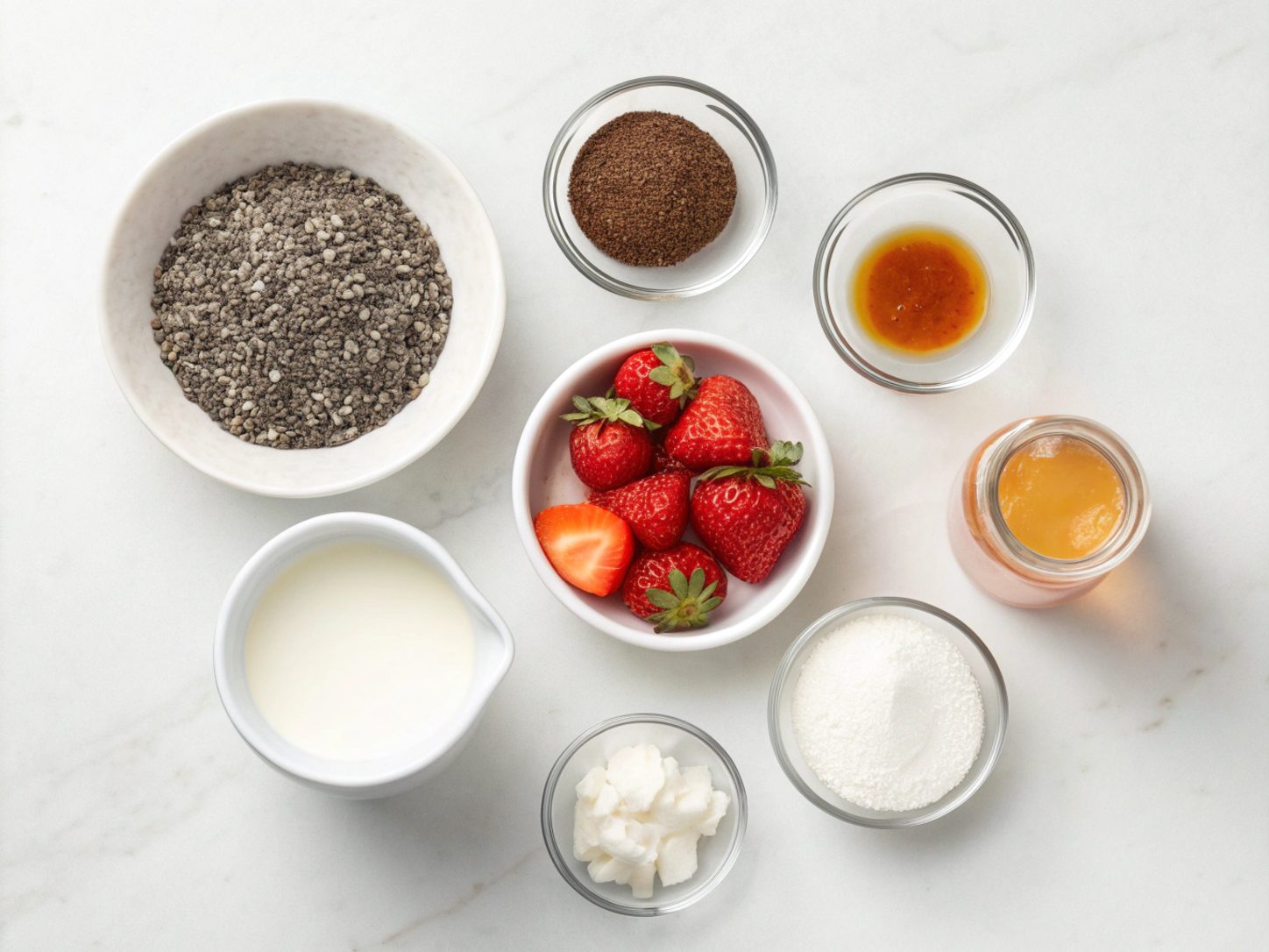 A top-down view of ingredients used in the Keto Strawberry Cheesecake Chia Pudding recipe.