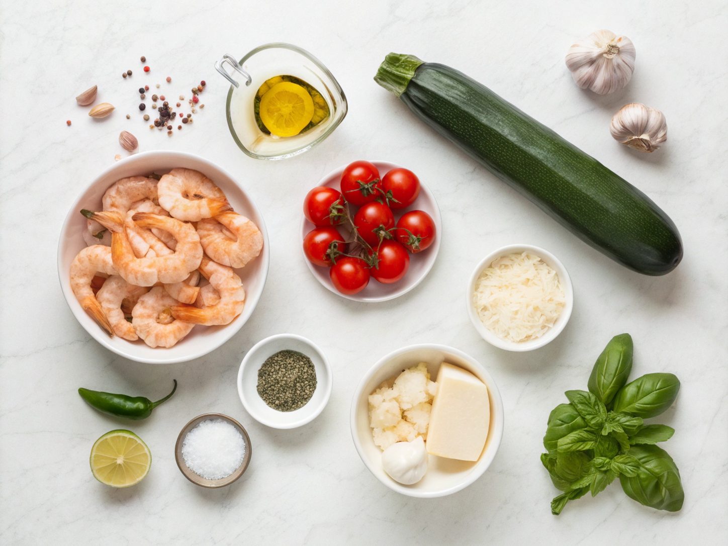 Ingredients neatly arranged for making 30 Minute Tuscan Shrimp Zoodles Keto