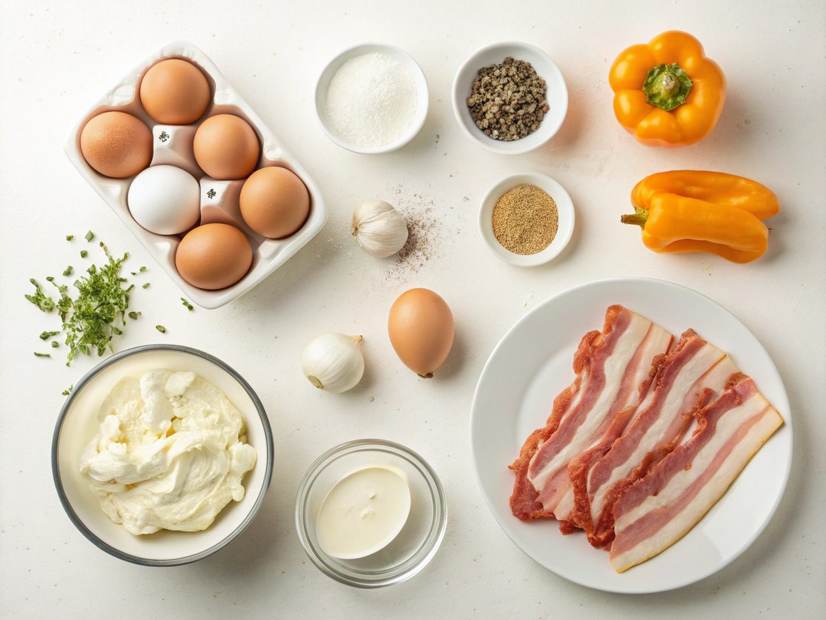 An SEO-friendly alt tag describing the image of keto mozzarella breakfast casserole ingredients