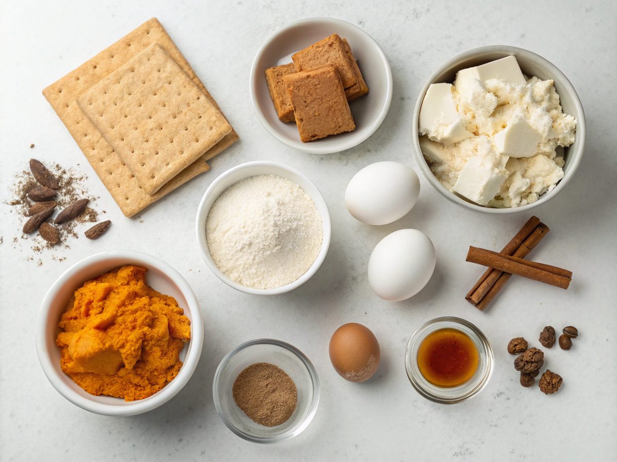 Flat lay of pumpkin cheesecake ingredients on a kitchen counter.