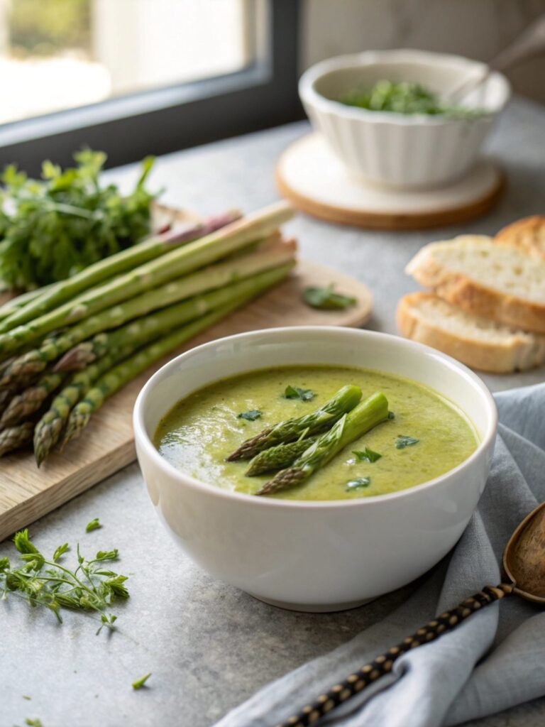 Featured image of asparagus low carb keto soup served in a bowl.