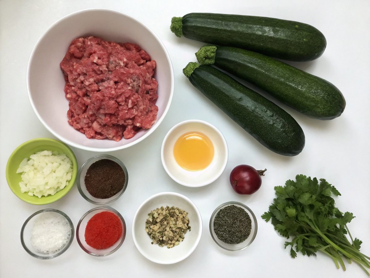 Ingredients for avocado stuffed beef zucchini boats laid out neatly