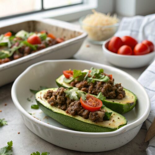 A close-up view of delicious avocado stuffed beef zucchini boats