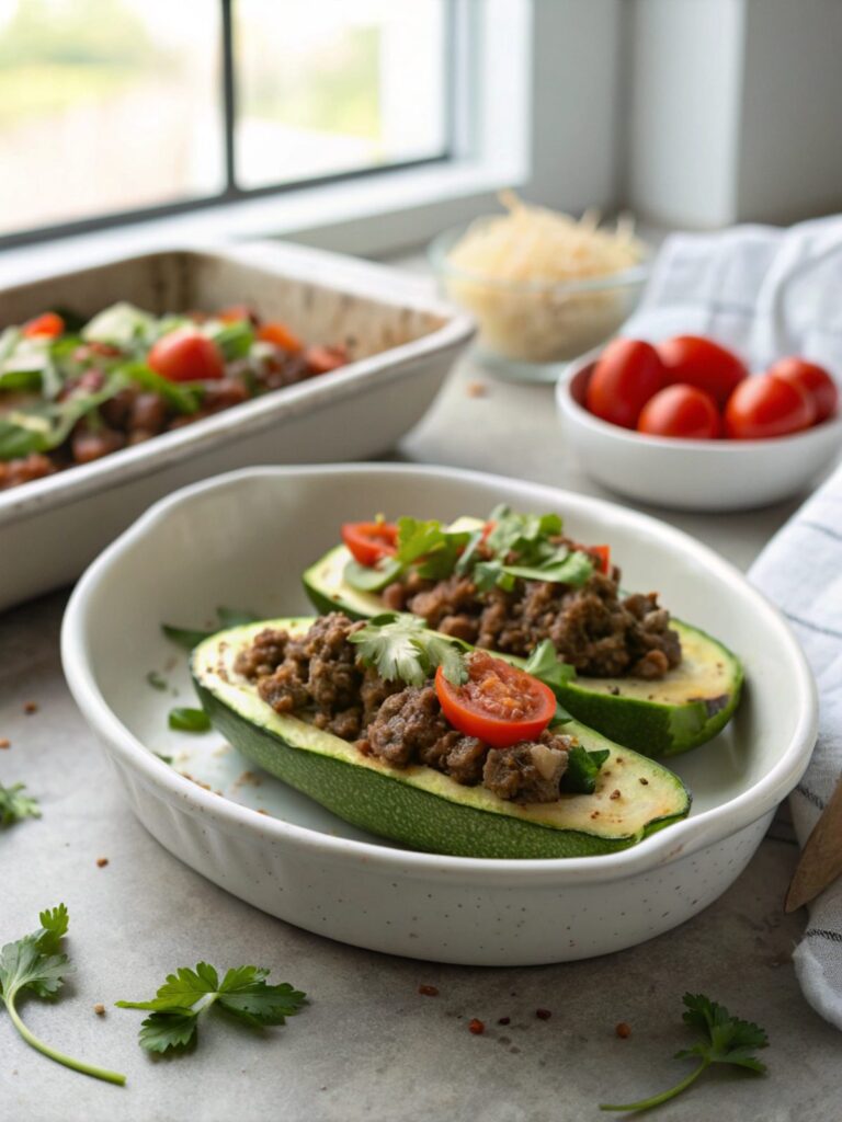 A close-up view of delicious avocado stuffed beef zucchini boats