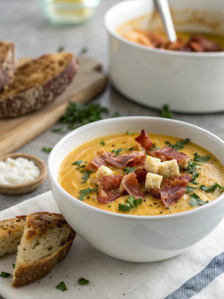 Delicious Bacon Low Carb Keto Soup served in a bowl.