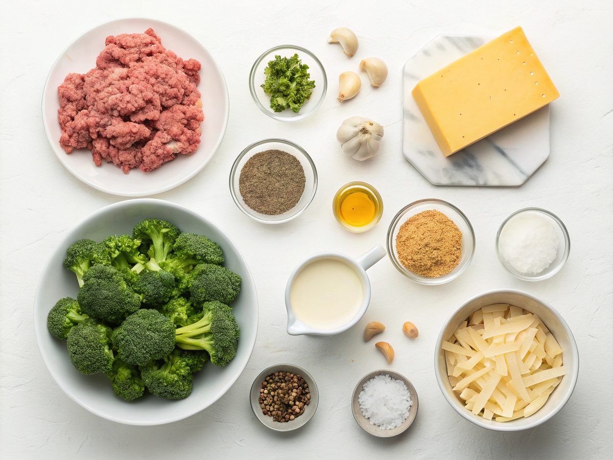 Ingredients for making baked beef and broccoli casserole