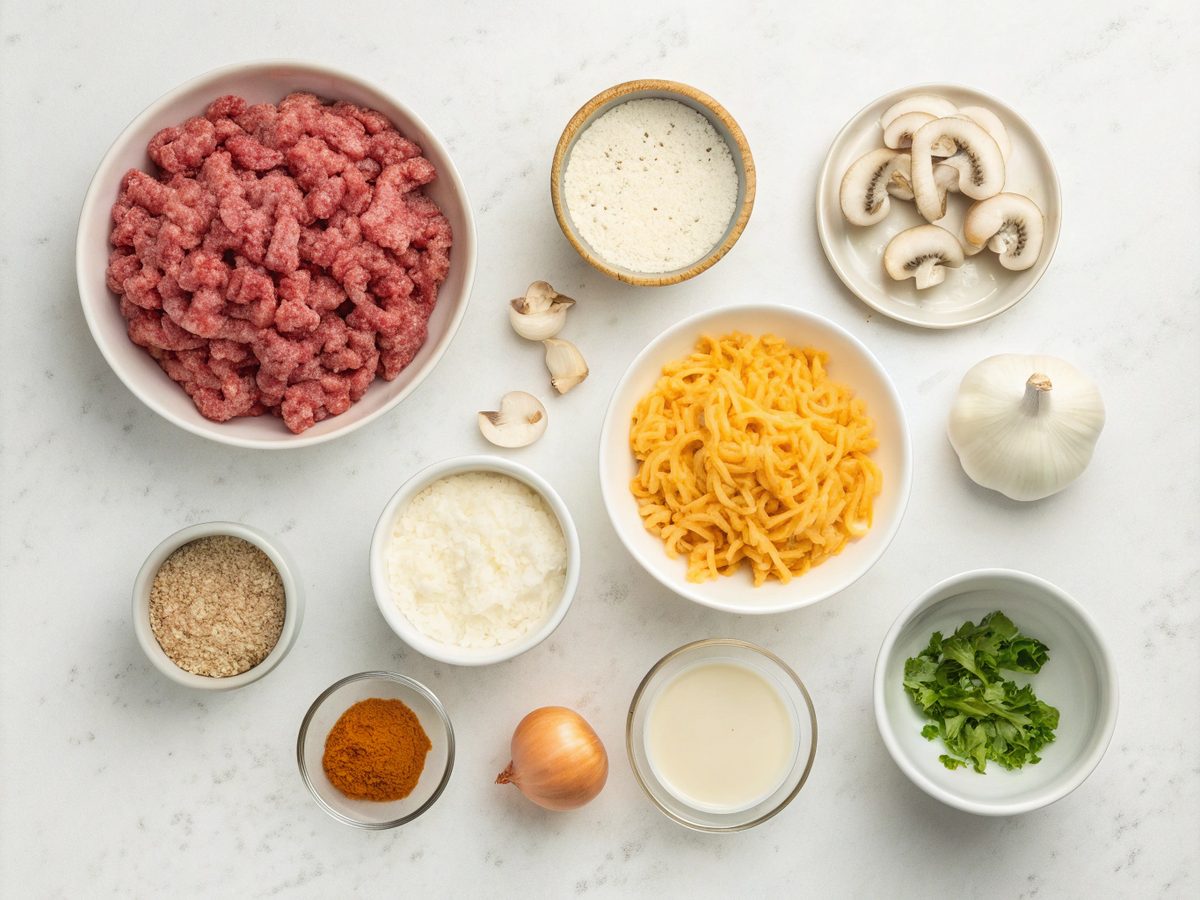 Baked Beef and Ranch Casserole ingredients arranged in the kitchen.