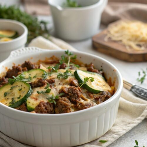 Deliciously baked beef and zucchini casserole ready to serve