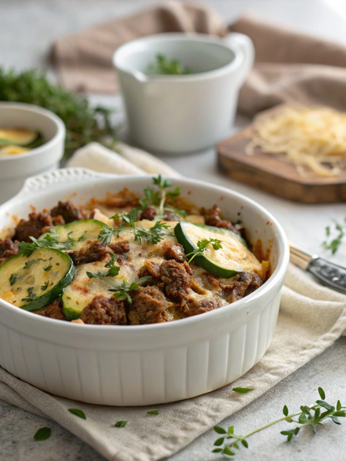 Deliciously baked beef and zucchini casserole ready to serve