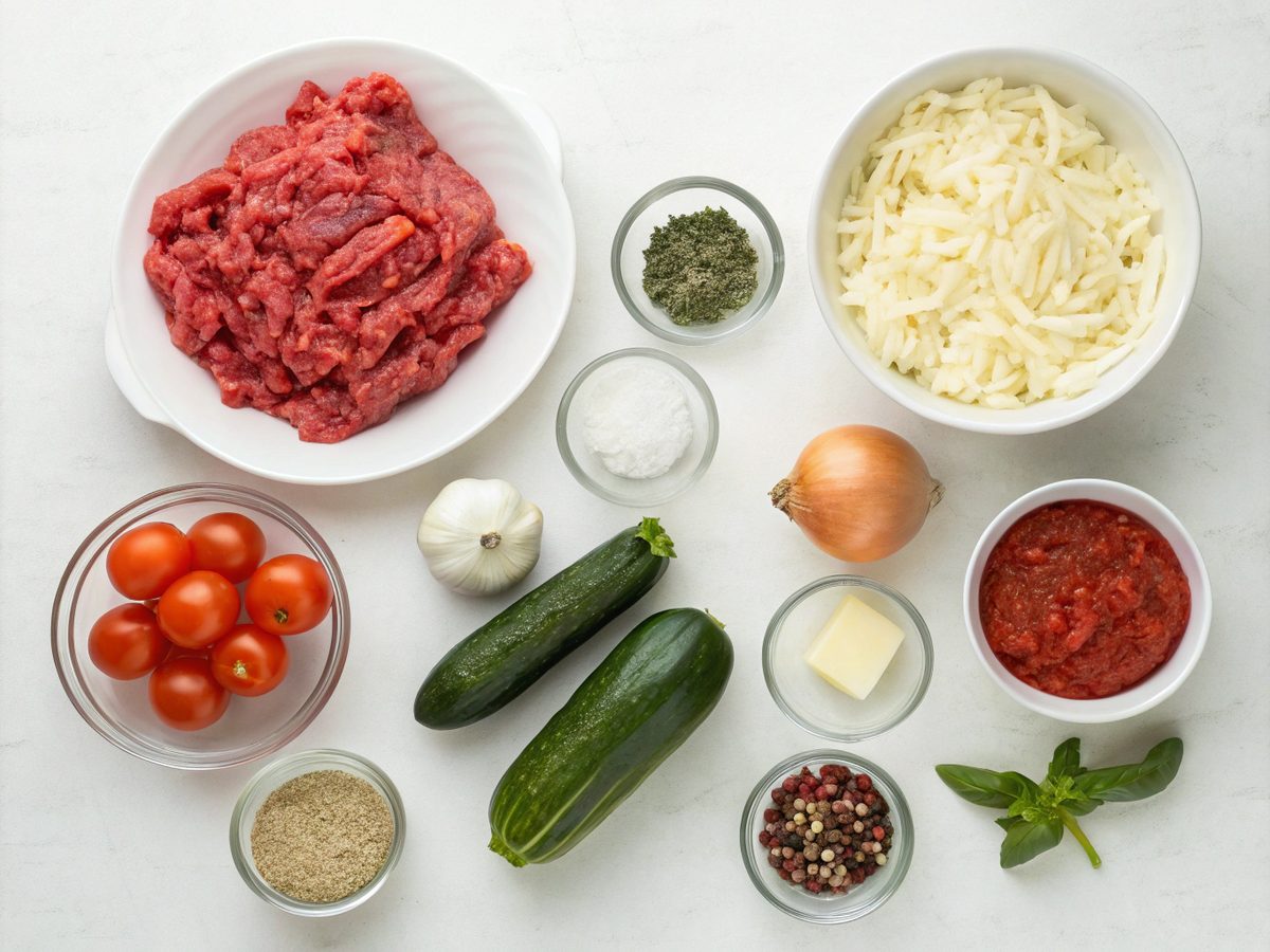 Overhead view of ingredients for baked beef and zucchini casserole, including beef, zucchini, and more.