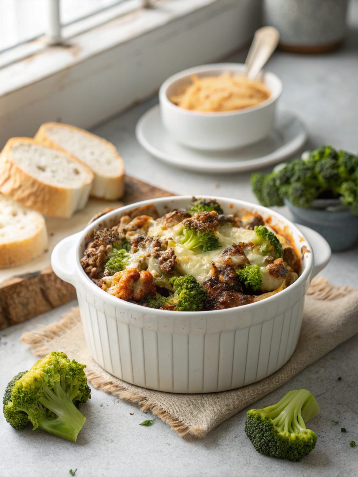 SEO-friendly alt text describing the featured image of baked beef and broccoli casserole