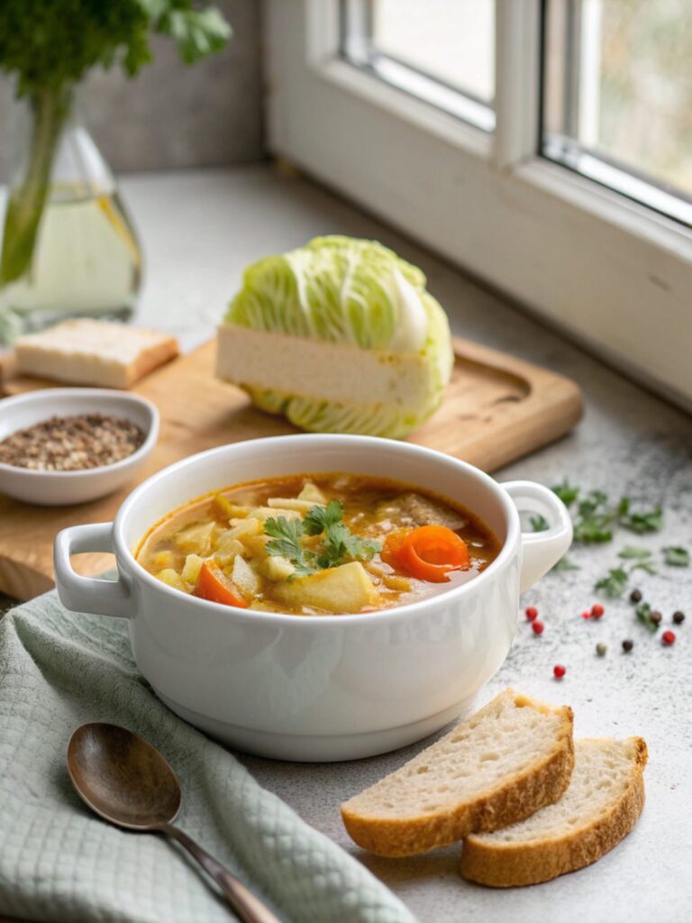 Delicious baked cabbage keto soup bowl served in a white ceramic bowl
