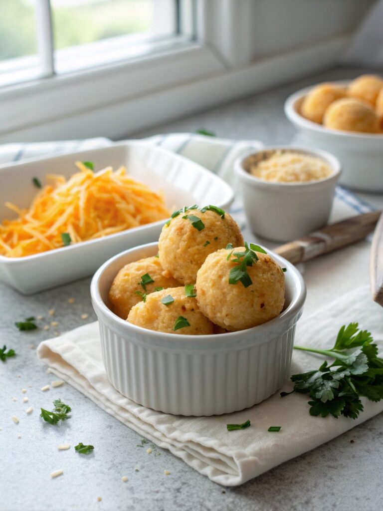 A close-up of baked keto cheddar fat bombs in a white bowl.