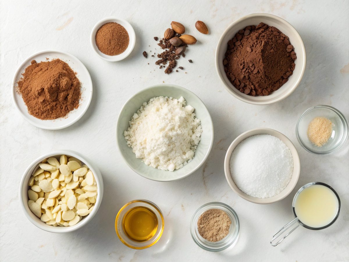 Visual of ingredients for baked keto chocolate fat bombs including almond flour, cocoa, and coconut.