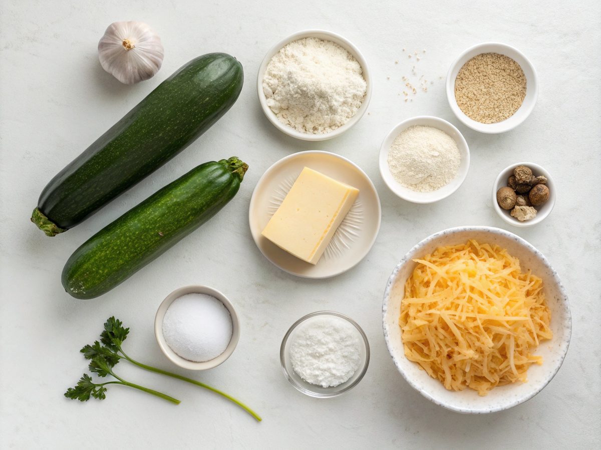 Image showing ingredients for baked keto zucchini fat bombs, such as zucchini, cheeses, and almond flour.