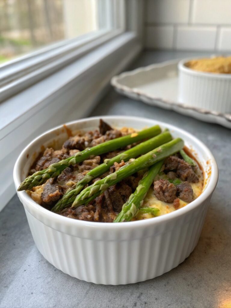 A delicious close-up of Baked Beef and Asparagus Casserole