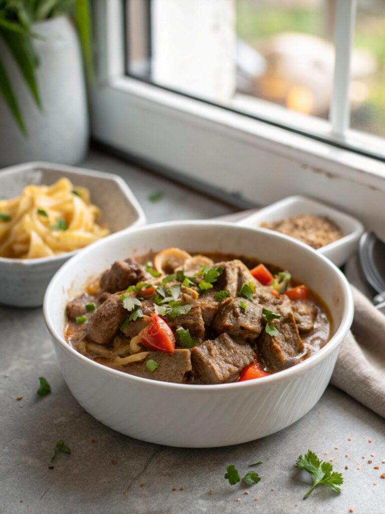 Enticing dish of Beef in Low Carb Stroganoff, served with a garnish