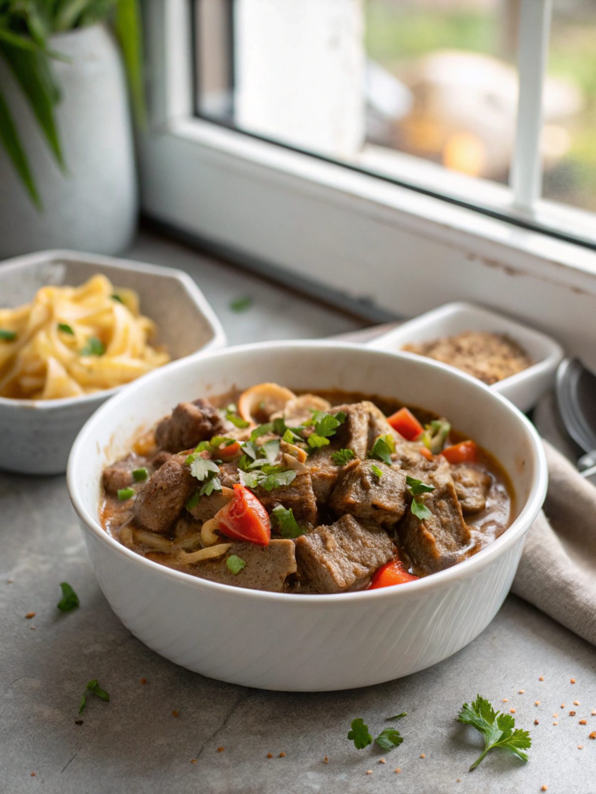 Enticing dish of Beef in Low Carb Stroganoff, served with a garnish