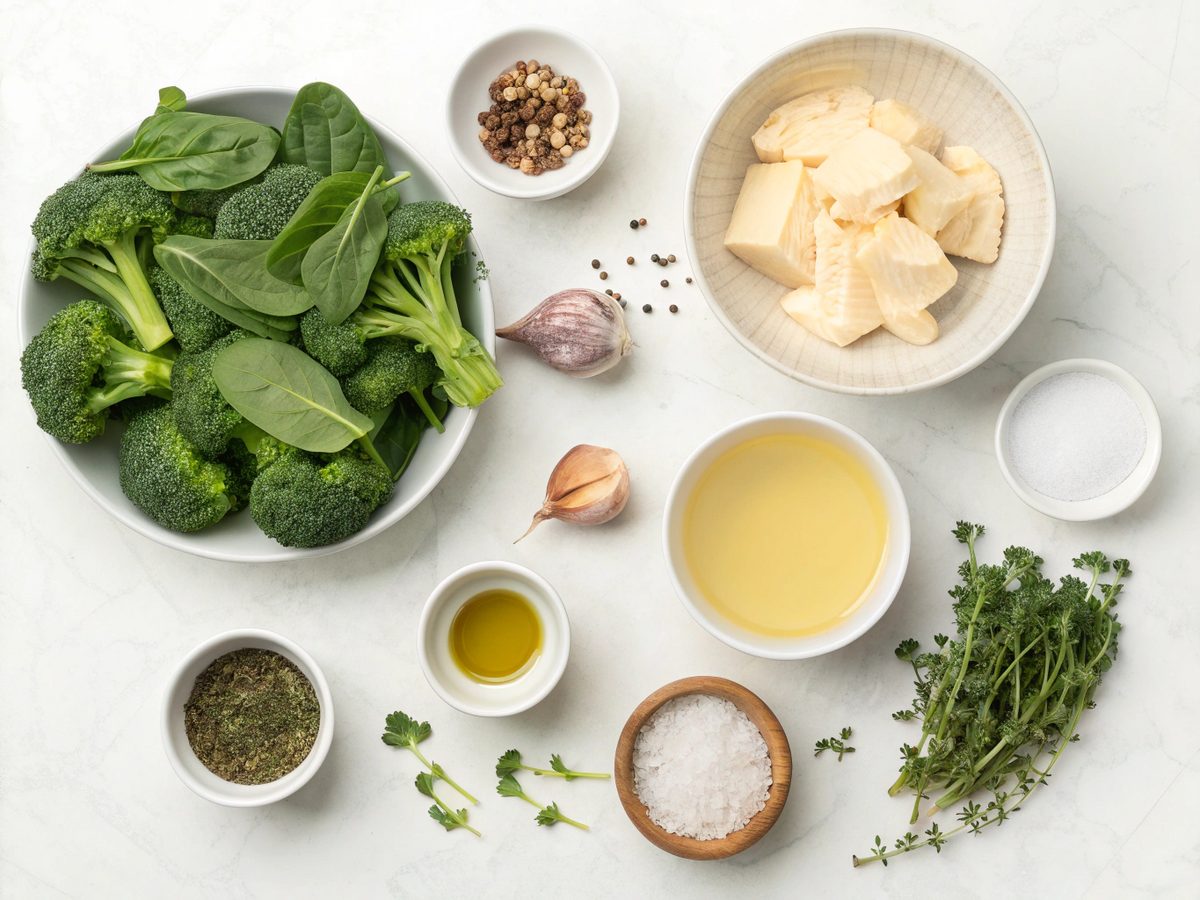 Ingredients for Broccoli and Spinach Keto Stew neatly arranged on a counter