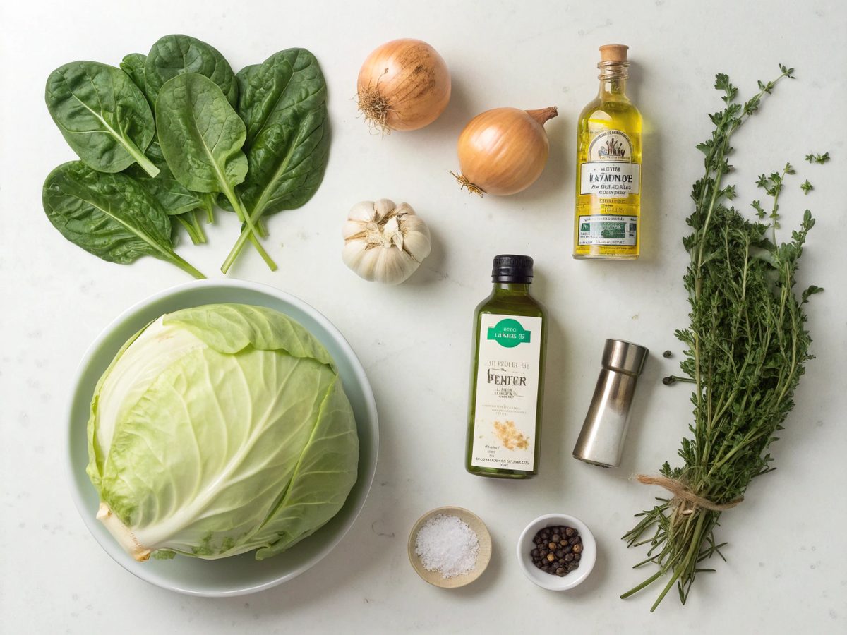 Ingredients for Cabbage and Spinach Keto Stew neatly arranged