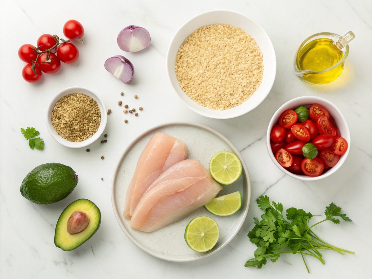 Flat lay of ingredients for Chicken Avocado Quinoa Salad
