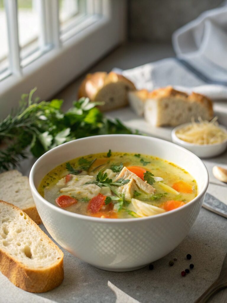 A steaming bowl of chicken low carb keto soup packed with nutritious goodness.