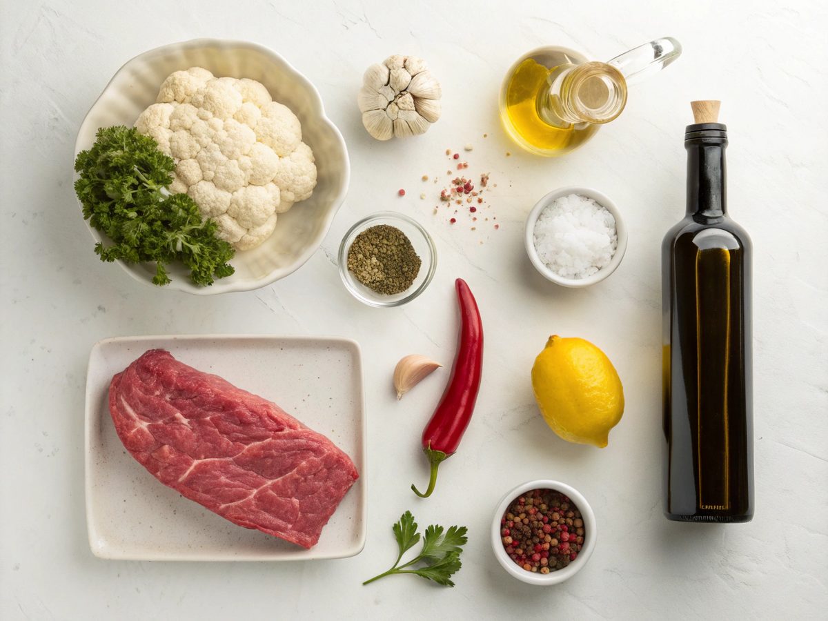 All necessary ingredients for making chimichurri flank steak cauliflower recipe.