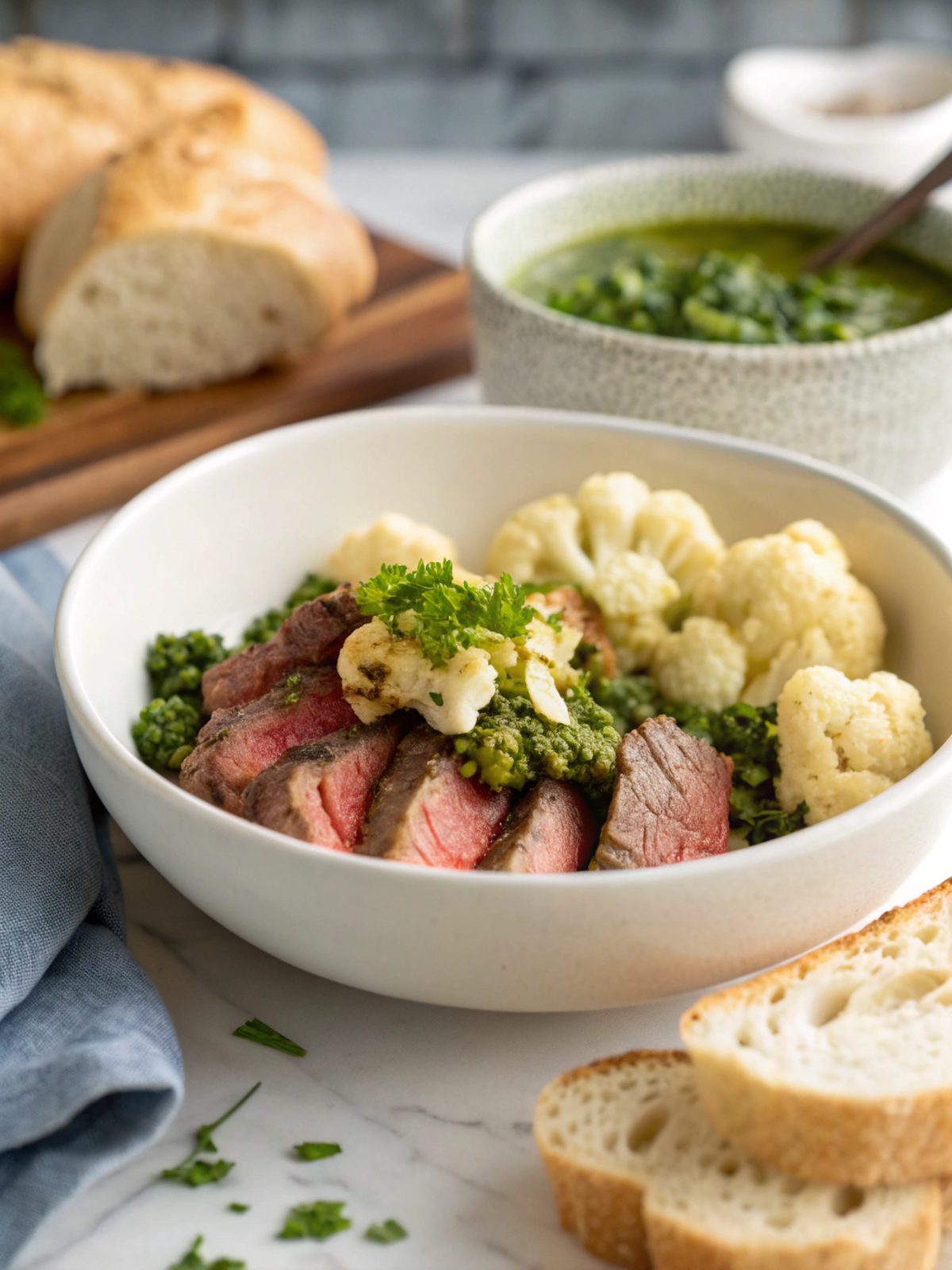 Finished dish of chimichurri flank steak cauliflower recipe served perfectly.
