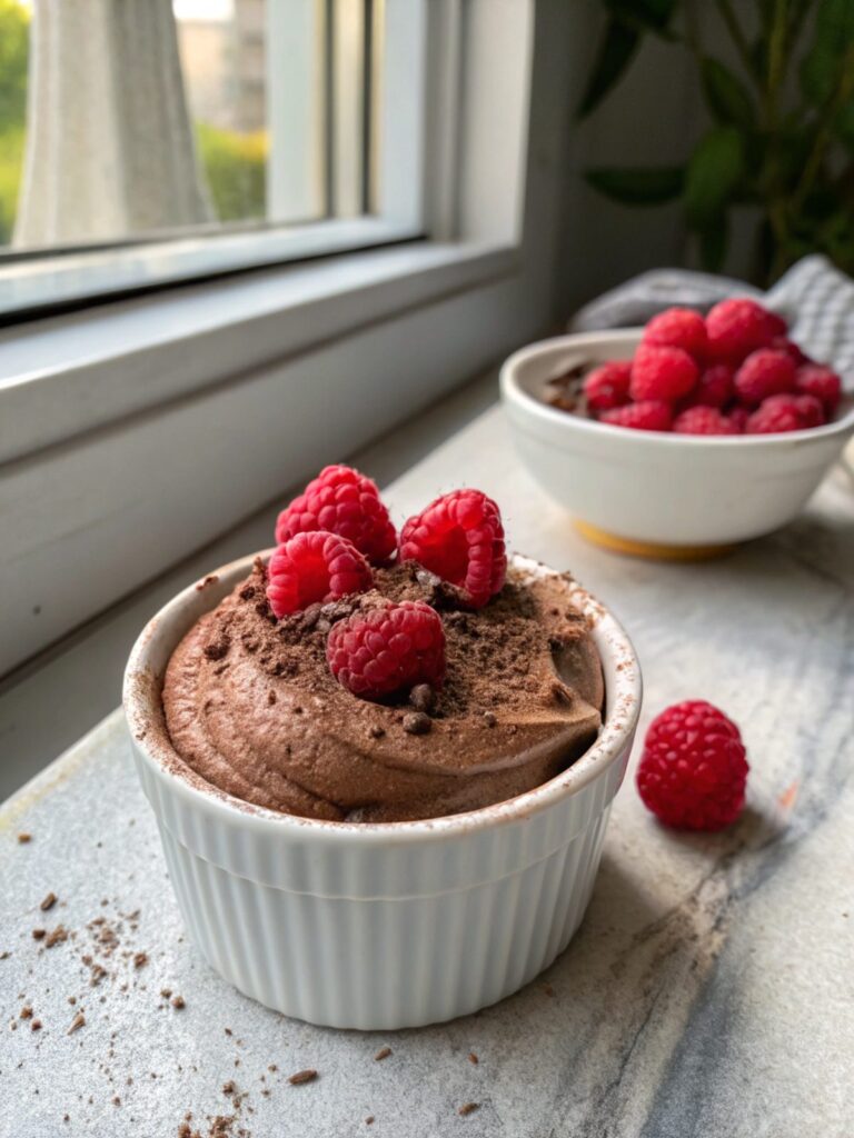 Featured image of chocolate protein mousse raspberry cups in a white bowl