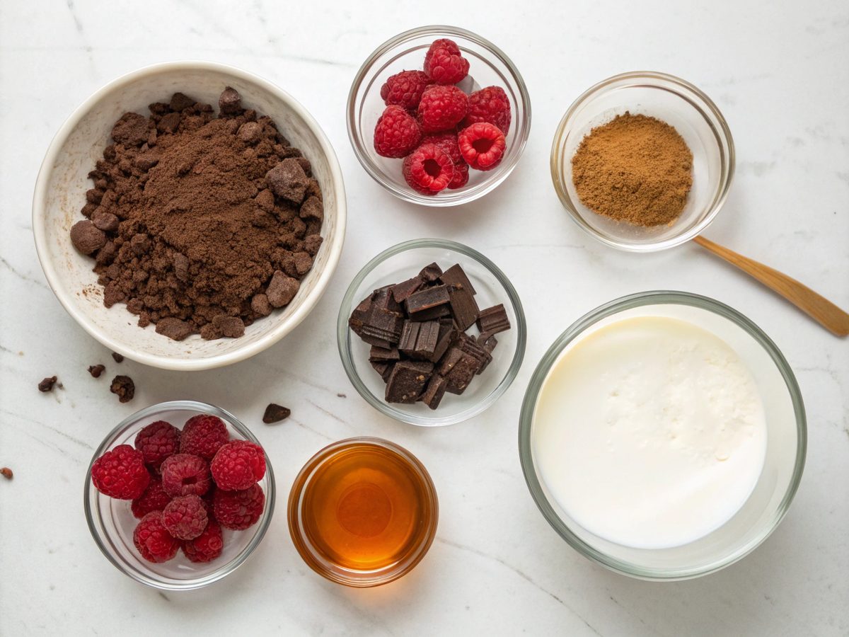 Ingredients for making chocolate protein mousse raspberry cups, including raspberries and protein powder.